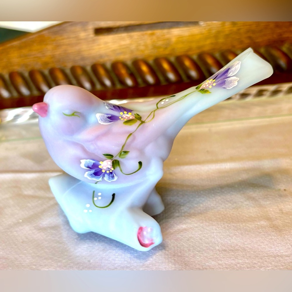 Fenton Burmese bird on branch hand painted florals artist signed